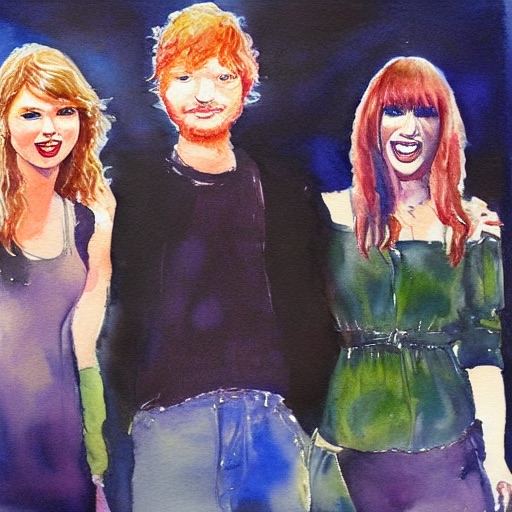 taylor swift with ed sheeran and adel, watercolor painting - Stable Diffusion