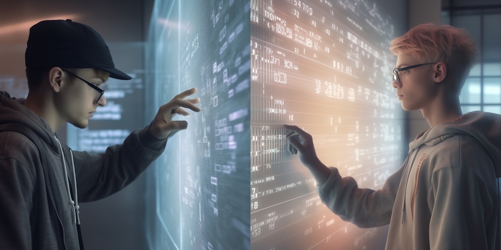 Two white bread guys clicking away on a screen wall