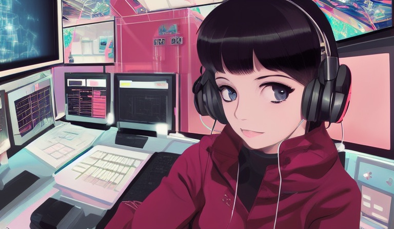 Girl with a headset in a space command center, Kuvshinov Ilya, Mitsumayo - Stable Diffusion