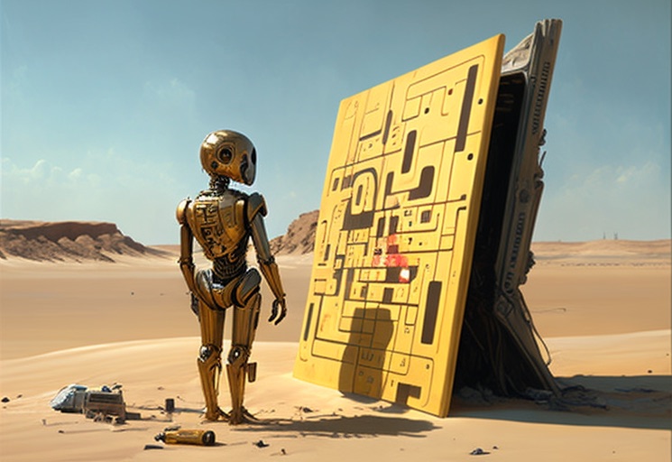 C-3PO from Star Wars on Tatooine, playing Tic-tac-toe on the side of a crashed spaceship - MidJourney