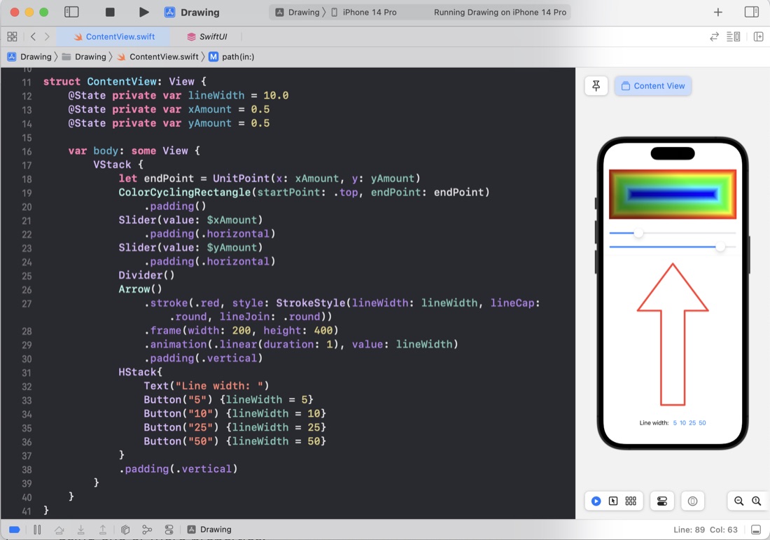 Screenshot of Xcode and the preview showing some fancy graphics