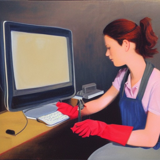 young woman cleaning a computer, painting - stable diffusion