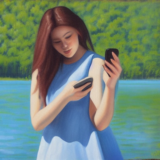 young woman holding a phone outside near a lake, painting - Stable Diffusion